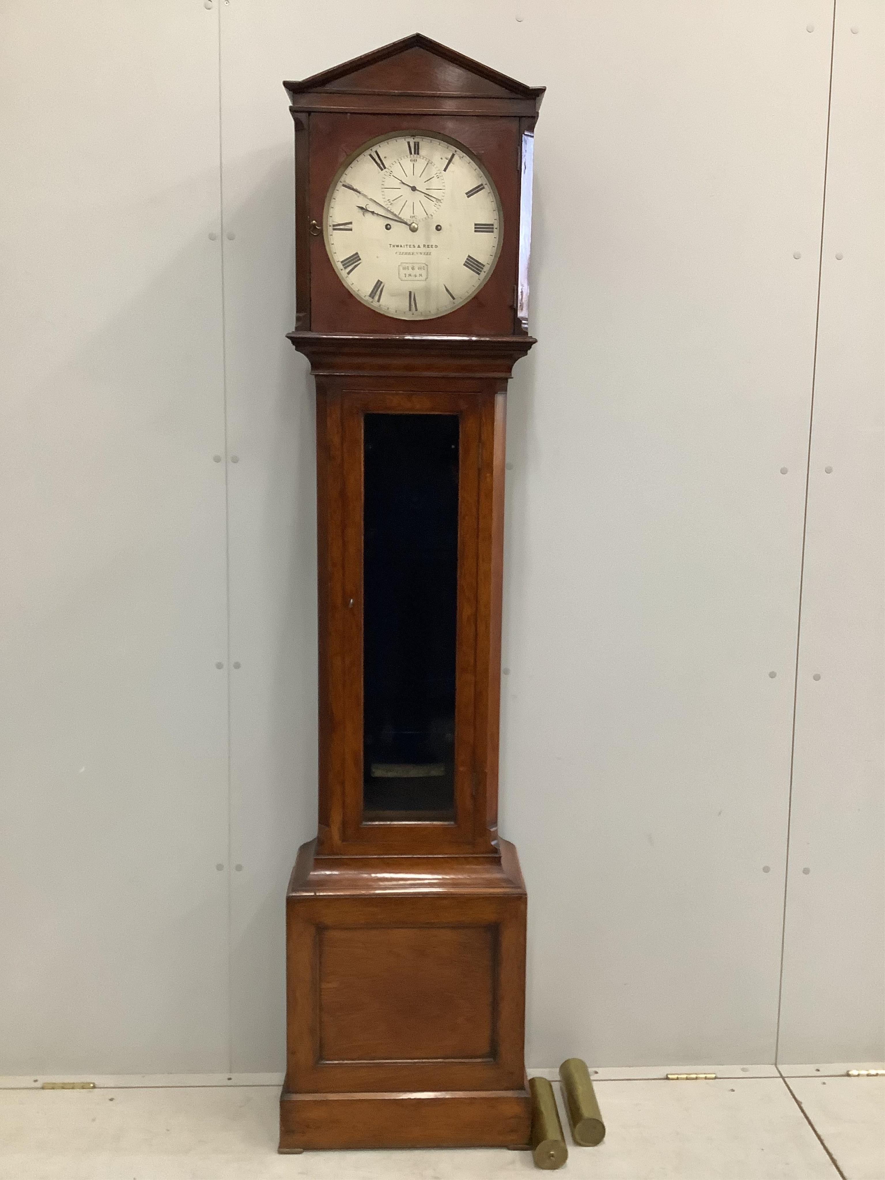 A mid 19th century oak eight day longcase regulator, circular silvered dial signed Thwaites & Reed, Clerkenwell, WTW 1848